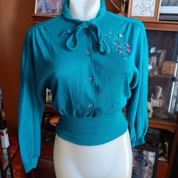 Vintage Women's Top Small 1970's You Babes Cropped Knit Teal Rhinestones Goucho - Picture 3 of 10